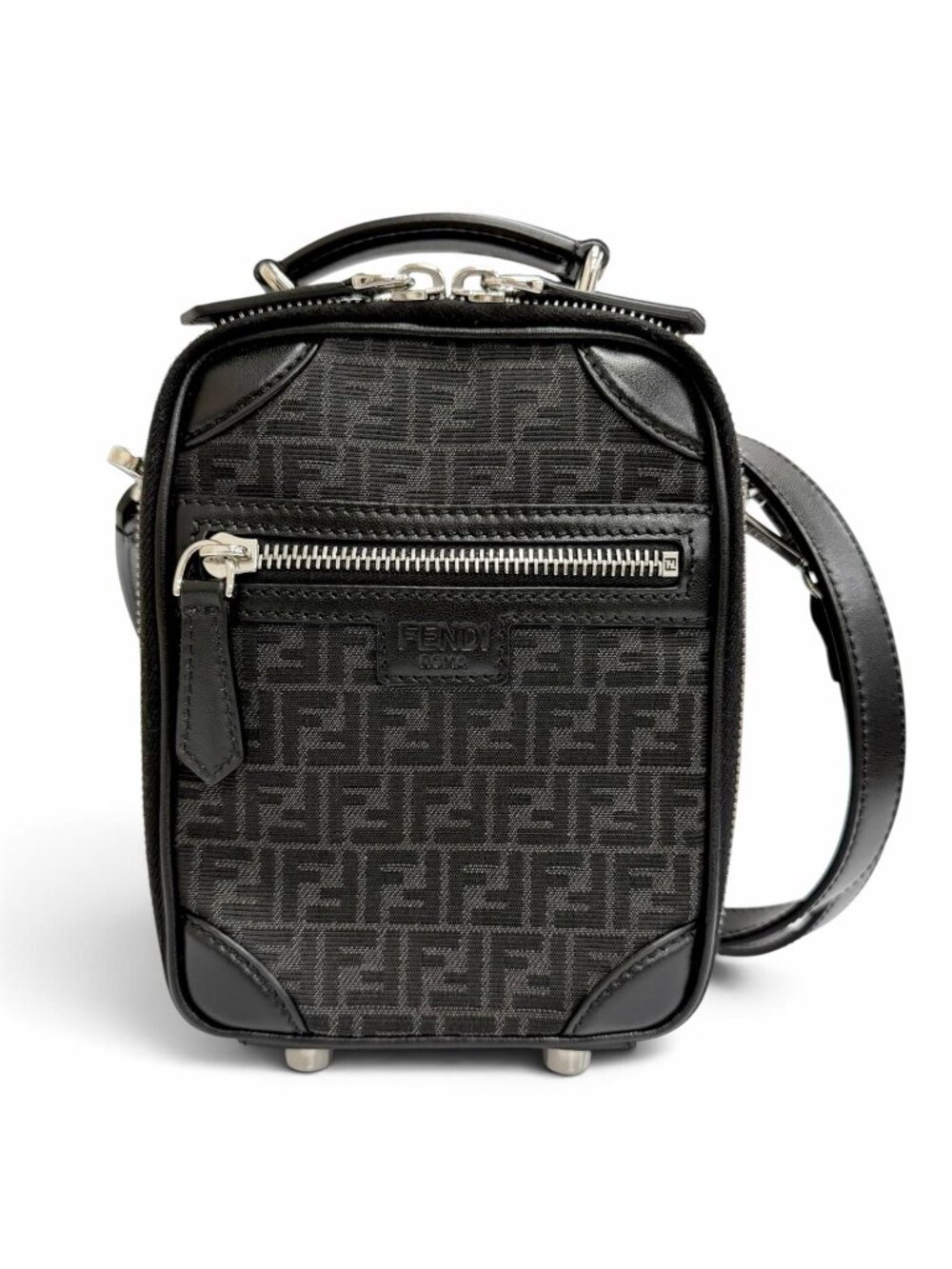 Fendi Micro FF Jacquard Leather Travel Mini Shoulder Bag Black